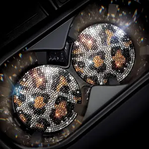 Bling Car Accessories Water Coaster for Women,Leopard Print Rhinestone Car Coasters, Drink Coasters 2.75in(2 pcs)