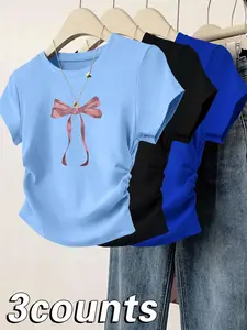 3 Pieces Butterfly Bow Printed Women's Round Neck Tee, Casual Short Sleeve Crew Neck T-shirt for Daily Wear, Ladies Clothes for All Seasons, Top, Womenswear