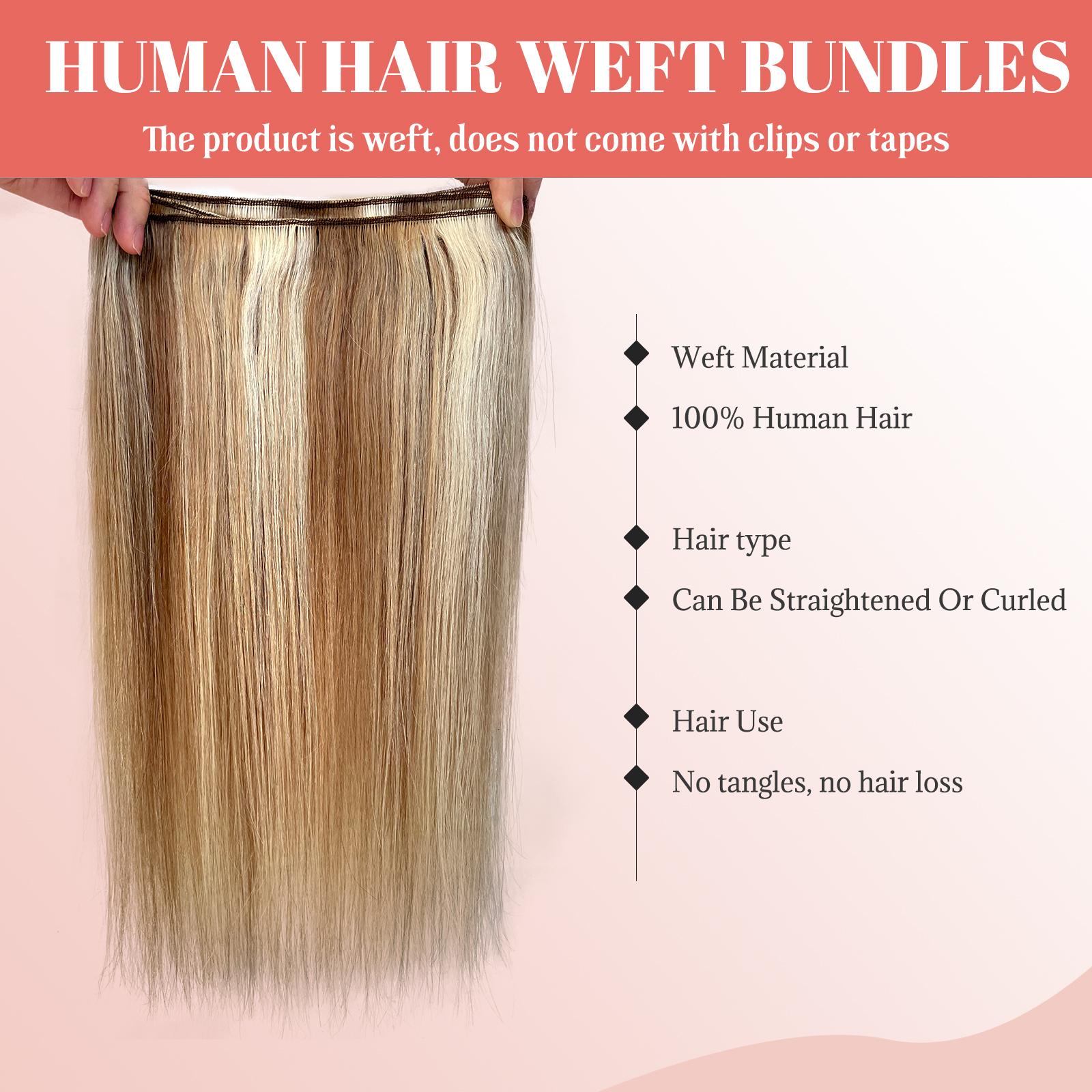 Platinum Blonde Highlight Sew In Extensions 24 Inch Real Human Hair Weft Extensions 120G Double Weft Remy Human Hair Bundles For Women Hand Tied Full Head Straight Hair Weaves