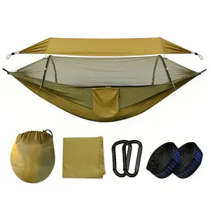 3 In 1 Outdoor Camping Hammock With Mosquito Net Sun Shelter | Lightweight Waterproof Double Sleep Rest, Nylon Braided Fabric, Includes Lanyard, Suitable For Backpacking, Travel, Garden, Park, Without Battery