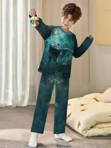 Megalodon in the deep sea! Dark green realistic style cool 2-piece boys' digital printed long-sleeved pajamas with long pants, made of flame-retardant fabric. A fashionable, trendy, casual, comfortable and soft pajama set, suitable for sleeping and home l
