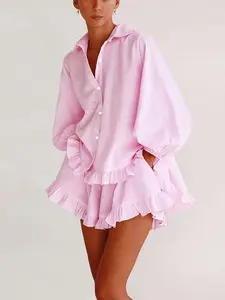 Women's Two-Piece Set Striped Bubble Sleeve Ruffle Shirt Shorts, Casual Vacation Style Clothing