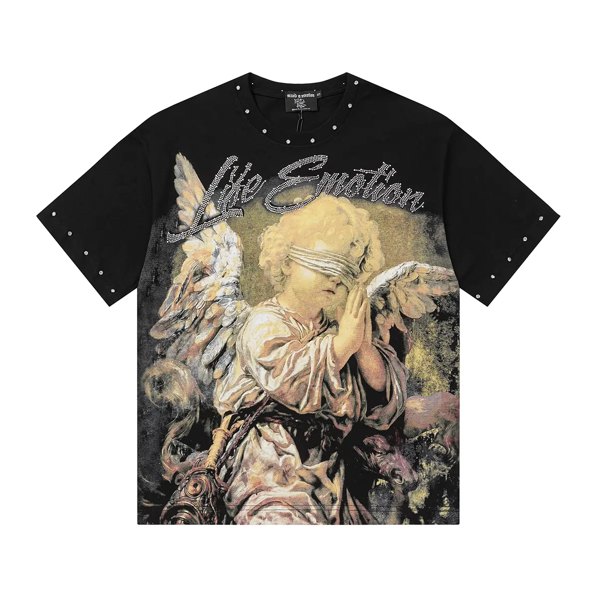 MIXED EMOTION Rhinestone Praying Angel Graphic Tee 270g Heavyweight Black White Y2K Streetwear Mens Standard Fit