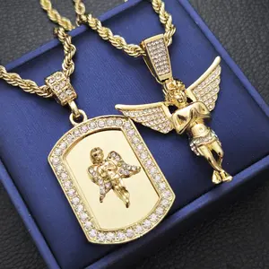 MaxBling81 14K Gold & Silver-Plated Cubic-Zirconia Baby Angel Dog Tag Pendant Necklace Set with 24" Rope Chain, Unisex Fashion Costume Jewelry for Men & Women