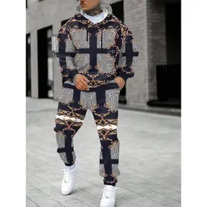 [Classic Ethnic Print Hoodie Set] Classic Black Ethnic Print Hoodie Set - Men's Spring Hooded Long Sleeve Sweatshirt Set with Drawstring Hat, Ribbed Cuffs, Hem, and Pant Legs - Comfortable Elastic Waist Long Pants with Pockets