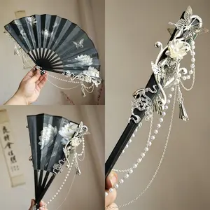 Double-Sided Silk Fabric Dance Fan Anime-Style Vintage Folding Prop With Tassels For Cosplay