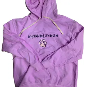 Dogs make life better lightweight embroidered hoodie Who rescued whom sewn on the sleeve colors Neon Violet, Butter and Blue Jean
