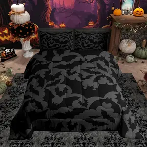 Halloween Themed Comforter Set,Black Bats Animal Print Bedding Set for Kids Boys Men,Dark Grey Color Quilted Duvet Set