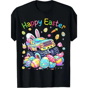 Happy Easter Truck Bunny Ears Easter Eggs Boys Kids T-Shirt Pure Cotton Cool Tees for Boys in Spring & Summer Size 120-160