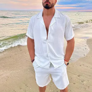 men's 2 piece set Solid Button Front Shirt & Elastic Waist Shorts Two-piece Set, Streetwear Short Sleeve Top & Pocket Design Shorts Suits Beachwear for Formal Wear, Menswear, Casual Outfits, Summer Wear Clothes Tropical Wetsuit Beige Shortsleeve