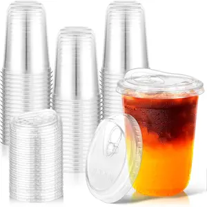50 Pack 16oz Clear Plastic Cups with Sip Lids, Disposable Iced Coffee Cup with Strawless Lid for Party Wedding Catering Events, To Go Cups for Cold Drinks Smoothie Milkshake Lemonade Bubble