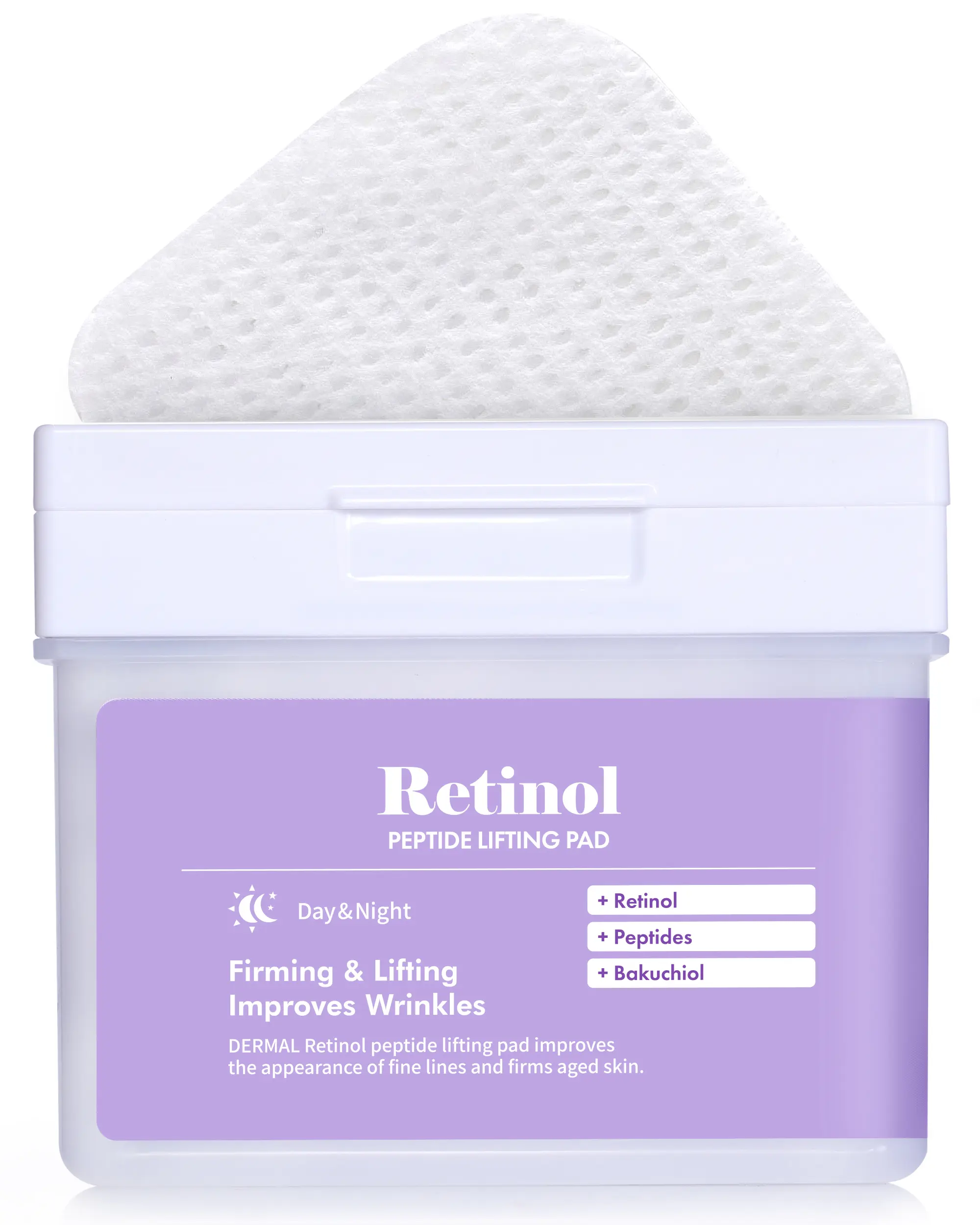 DERMAL Retinol Peptide Lifting Pad - Korean Toner Pad for Anti-Aging & Wrinkles with Bakuchiol - Vegan Pure Cotton Square Pads - High Capacity, 120 Sheets