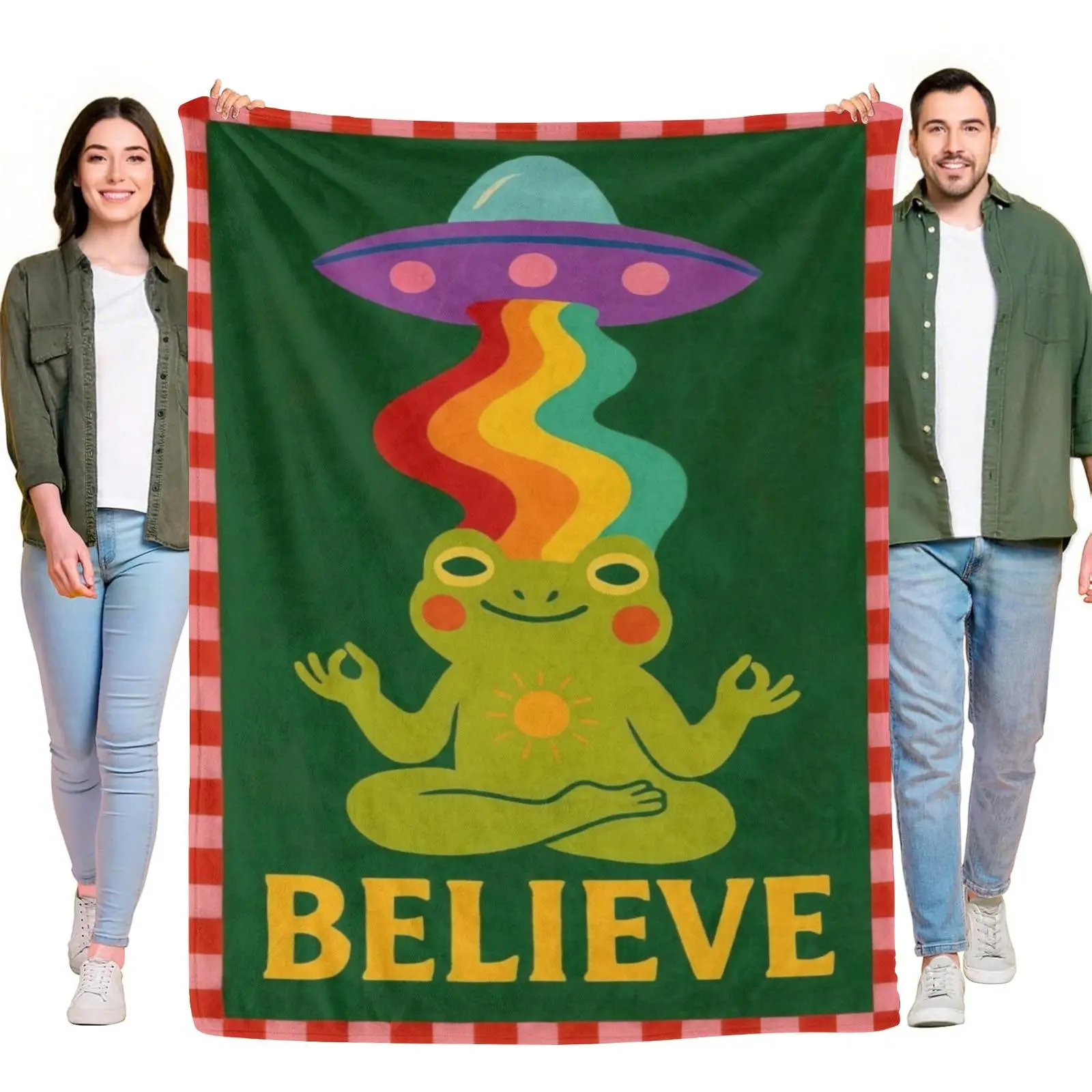 Flannel Throw Blanket Meditating Frog UFO Rainbow Light Believe Text Checkered Border Retro Trippy Cartoon Cozy Blanket