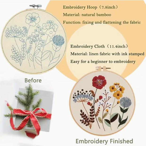 4 Sets Flower Embroidery Kit for Beginners, Cross Stitch Kits for Adults, Needlepoint Starter Kits with Patterns Embroidery Hoop Cloth Thread with Pattern and Instructions, 2 Embroidery Hoops, Christmas Gifts, Home Decoration, DIY Crafts