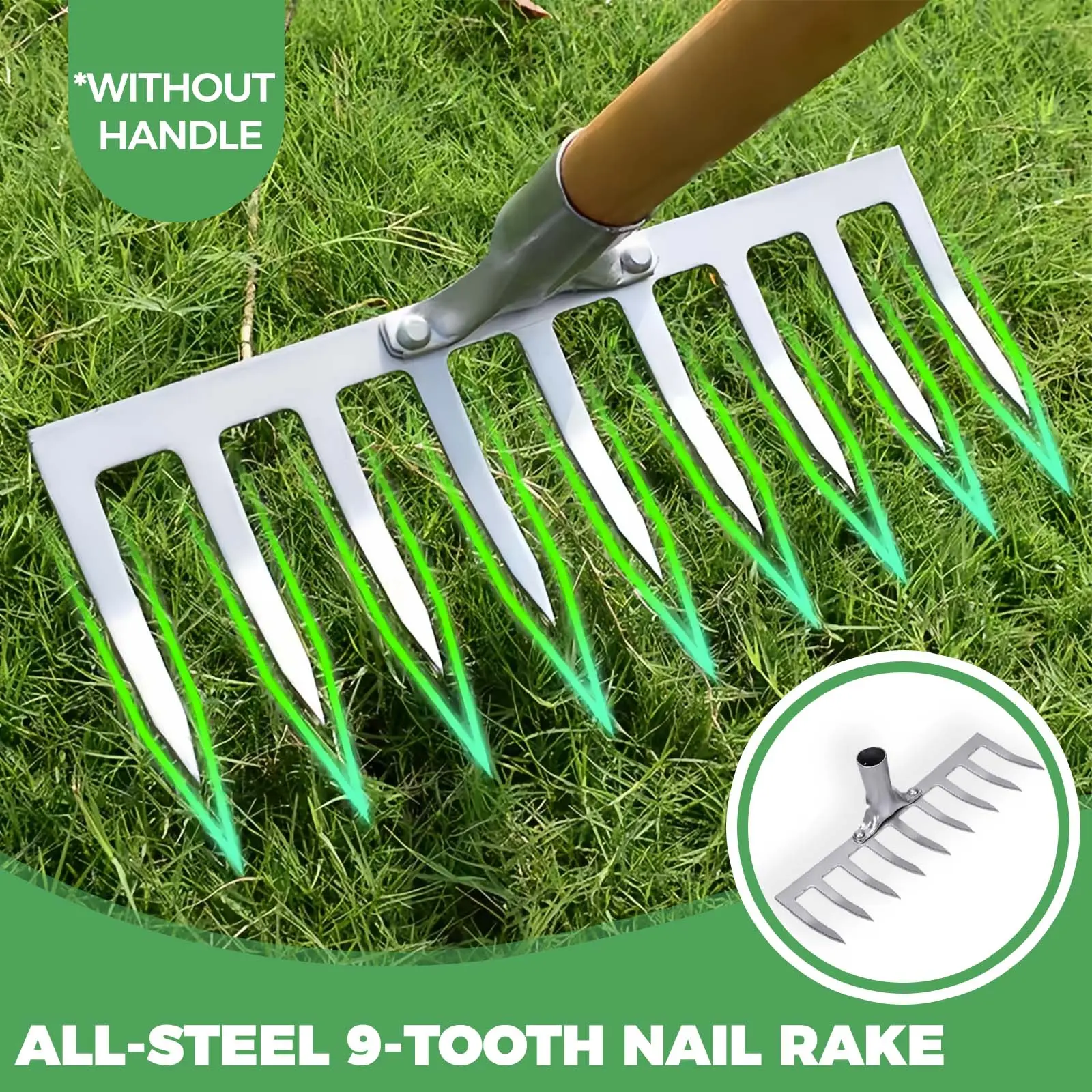 Heavy-Duty 9-Tooth Metal Garden Rake - Corrosion-Resistant Durable Soil Turner & Weed Remover Tool for Professional & Home Gardening, Agricultural -wk