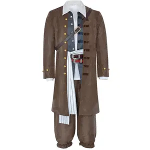 Jack Sparrow Long Brown Coat Vest Shirt Sash and Belts Set for Men Pirate Cosplay Costume