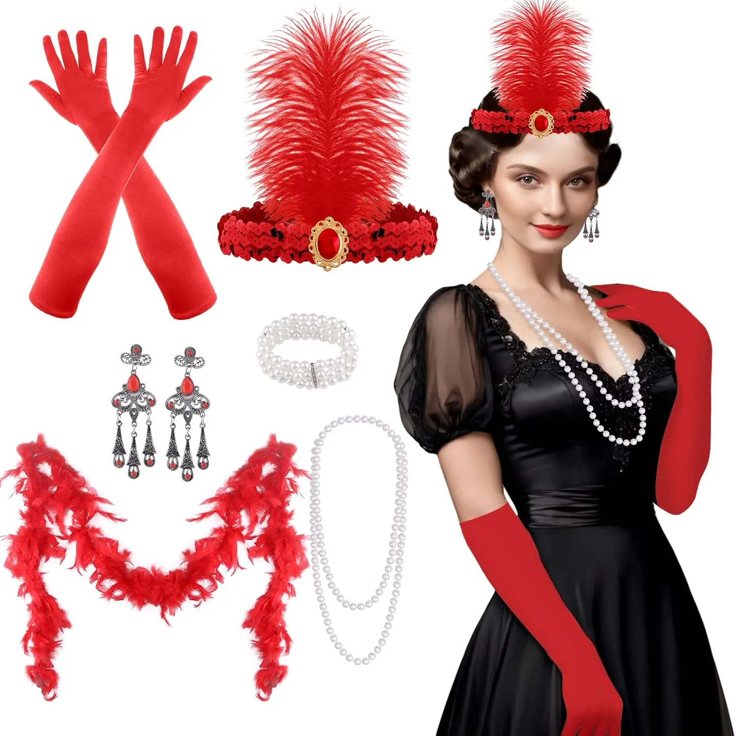 1920s Great Gatsby Accessories Set for Women Flapper Headpiece Headband