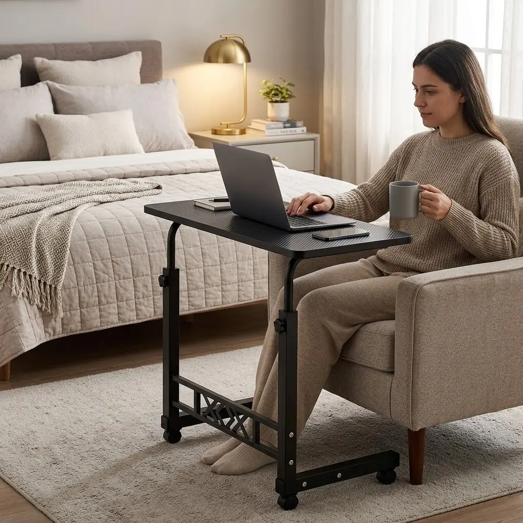Height-adjustable wheeled laptop desk, C-shaped bedside table with casters, portable computer stand/sofa bedside tray cart.Suitable for home office, bedroom, and living room, it meets needs for studying, working, eating, reading, and writing.Space-saving,