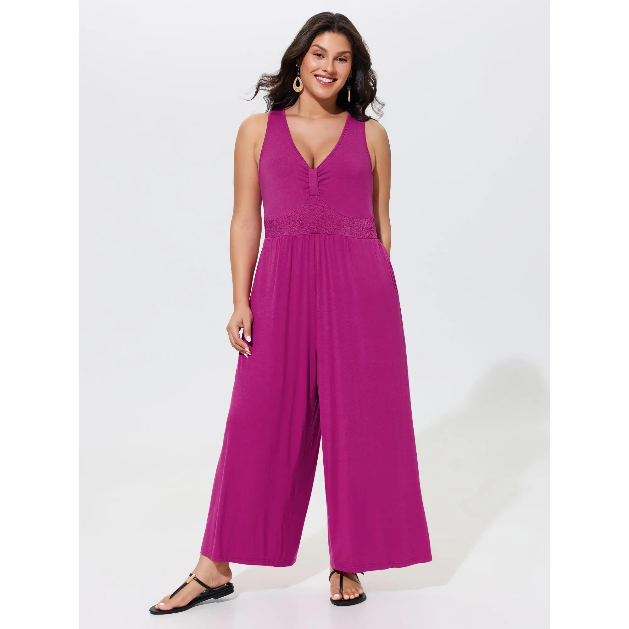 BLOOMCHIC Plus Size V‑Neck Front Ruched Lace Waist Sleeveless Jumpsuit[M-6X] Back To School,Spotlight Day