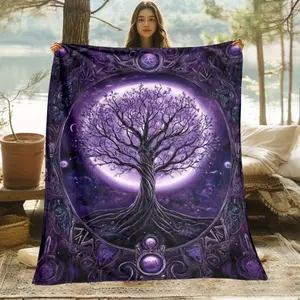 1pc Purple Tree of Life Flannel Throw Blanket - Mystical Celestial Design with Stars, Moons & Planets, Lightweight All-Season Soft Warm Blanket for Sofa, Camping, Bed, Office - Machine Washable, Cozy Blanket, Camping Blanket, Artistic Blanket, Versatile B