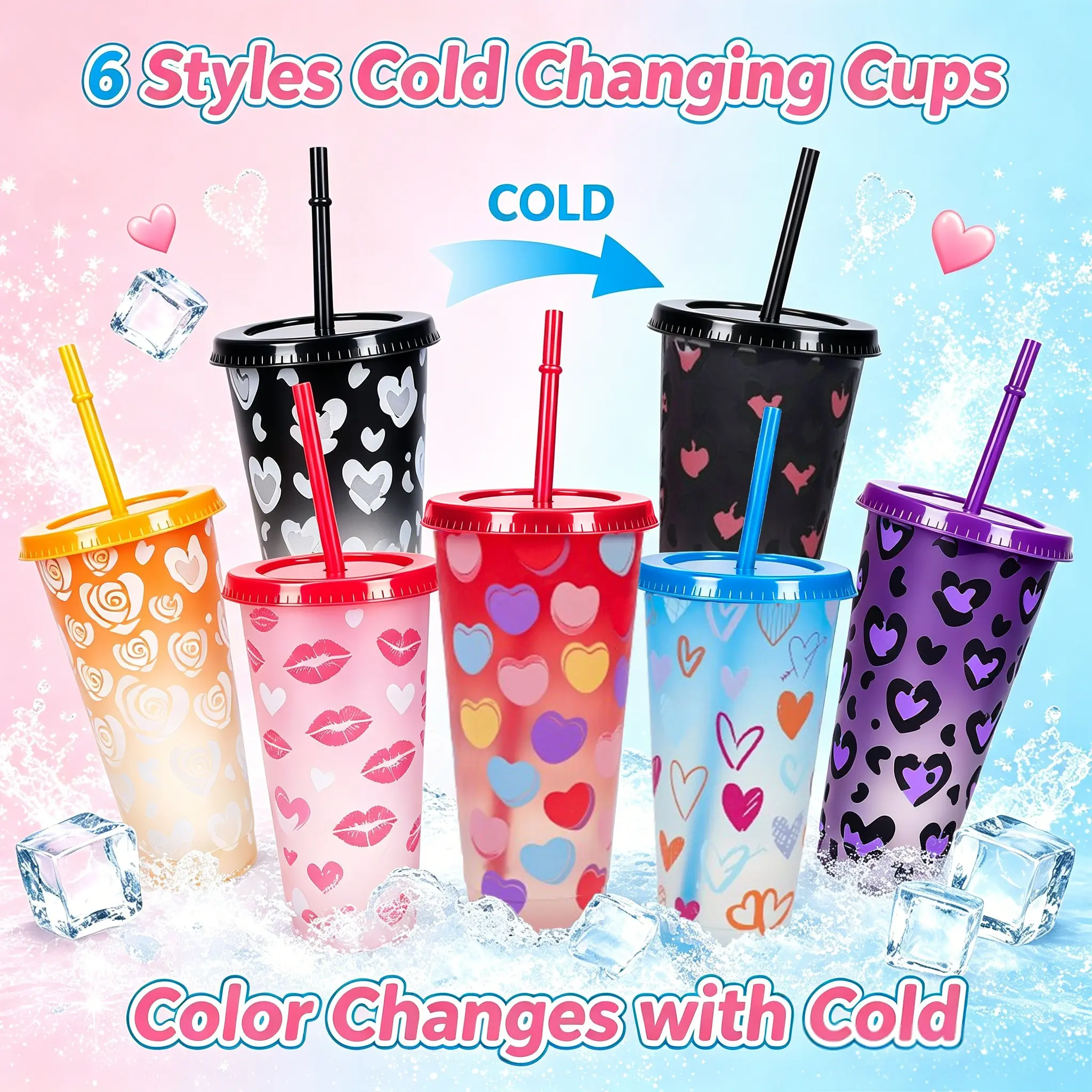 Micrency 6pcs Reusable Low-Temperature Color-Changing Cold Drink Cups with Splash-Proof Lids, Cleaning Tool, Stackable Design for Easy Storage, Ideal for Daily Use & Festive Parties (Home & Party Supplies)