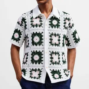Kyn Apparel Summer Men Knitted Hollow Out Polo Shirt Fashion Short Sleeve Cardigan Tops French Retro Ethnic Premium Crochet Knitting Shirts