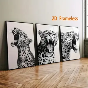 Set of 3, Black and White Leopard Print Art Poster Set, Canvas Print, Minimalist Style, Animals, Cheetah, Decorative Art, Artwork, High Definition, Waterproof, Art, Frameless