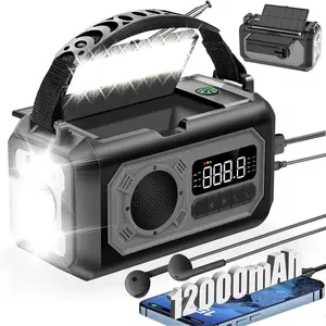 12000mAh  Weather Radio, Hand Crank Solar Radio Portable AM/FM/NOAA Radio with 2 Solar Panels 3  Methods SOS  3 Mode Flashlight Phone Charger Compass Reading Lamp