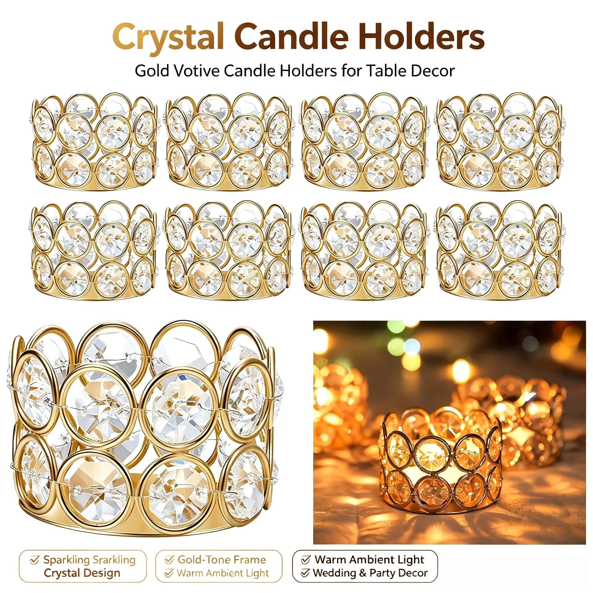 Gold Effect Metal Tealight Candle Holders, Multi-Size Bulk Set (4/8/12-Piece), Luxury Look Home Decor Table & Party Decor for Wedding, Holiday Events