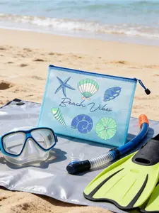 Beach-style mesh makeup bag with seashell and starfish prints. Transparent waterproof zipper pouch in ocean theme, perfect for beach, travel and daily use. Available in 5 colors: pink, white, yellow, green and blue.