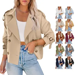 Women’s cropped double-breasted trench coat with raglan sleeves, pockets—ideal for work and office wear