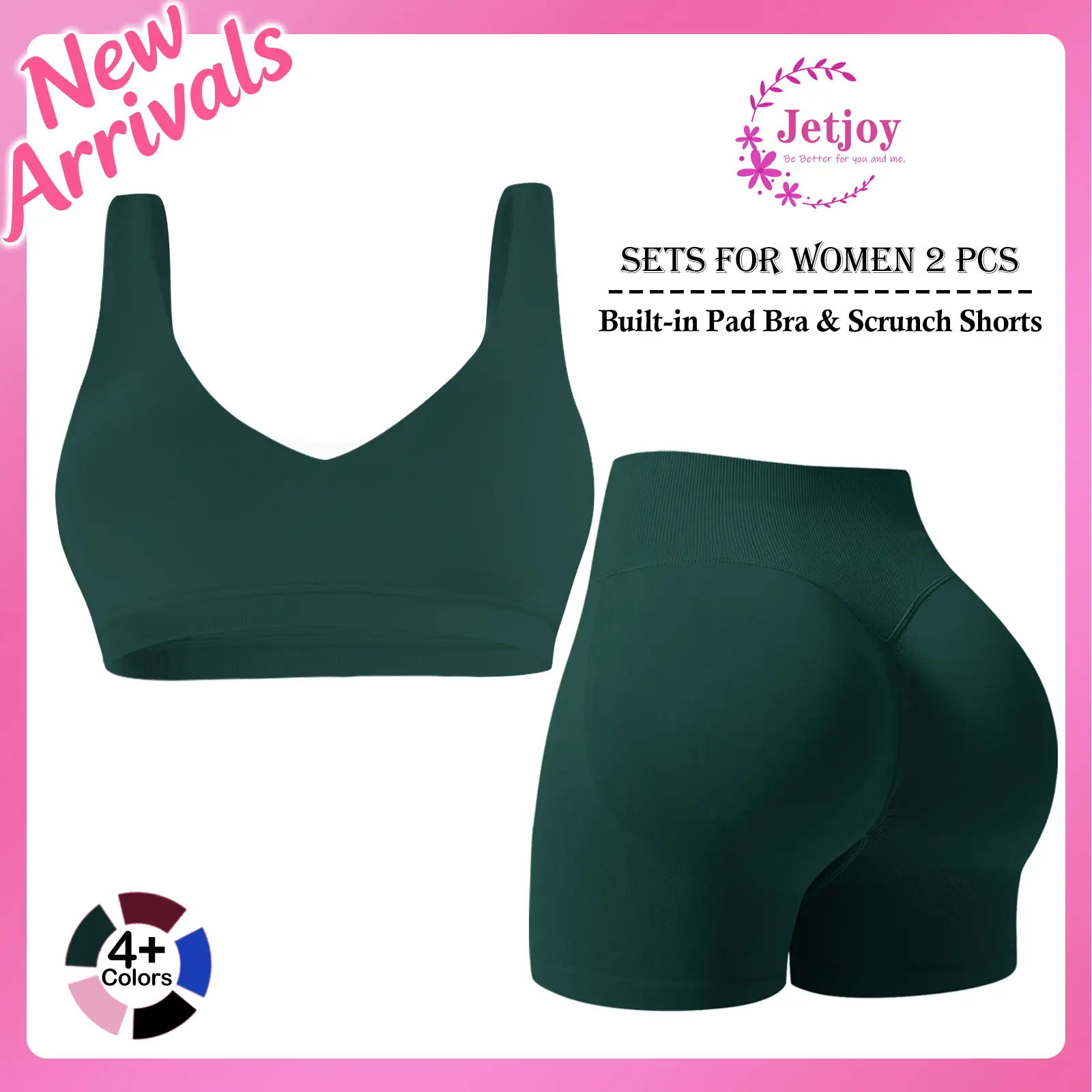 Jetjoy Women's 2-Piece High Stretch Workout Set - Built-in Pad Scroop Back Longline Halter Sports Bra, High Waist Scrunch Butt Lift Seamless Durable Fabric Shorts for Yoga, Fitness, Built-In Pad Bra, 2 Piece Sets, Workout Sets For Women