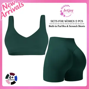 Jetjoy Women's 2 Piece Workout Set Scroop Back Sports Bra Top & Scrunch Butt Lift Shorts Seamless Sporty Gym Outfits for Yoga & Fitness High Stretch Durable Fabric Longline Halter Top High Waist Butt Lift