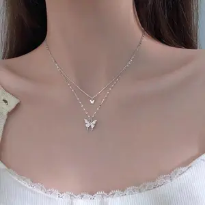 Women's Double Layer Butterfly Sterling Silver Necklace, INS Niche Minimalist Design, Luxury Clavicle Chain Pendant, Elegant Daily Fashion Jewelry Gifts