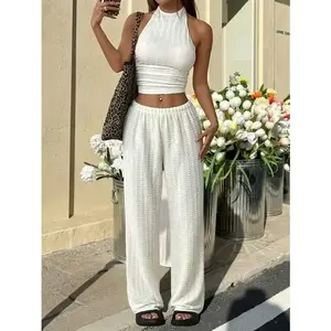 Knitted Women's Crop Top & Wide-Leg Pants Set, Sleeveless Halter Neck And Casual Outfit,Textured Fabric.