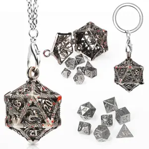 Mini DND Dice Metal 7 Set Mini Dice Necklace, D20 Necklace and Keychain Portable and Dragon Eye Bag for Dungeons & Dragons Dice