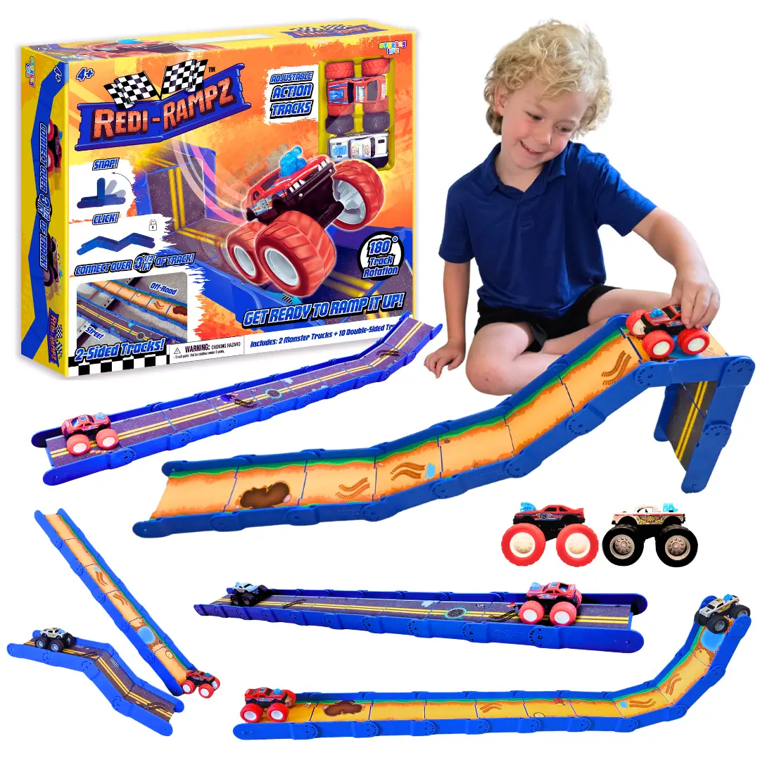 Redi-Rampz: STEM Ramp Builder Set – 10 Modular Track Pieces with Adjustable Angles + 2 Monster Trucks | Build Custom Ramps, Bridges & Jumps (Ages 4+,