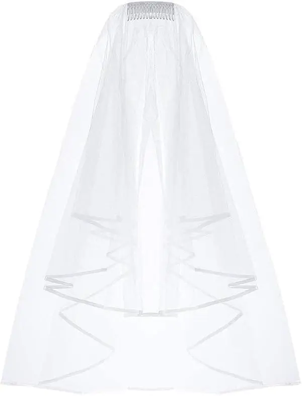 White Double Ribbon Edge Center Cascade Bridal Wedding Veil with Comb