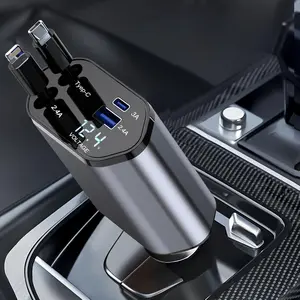 4-In-1 Fast Car Charger with 80cm Cable, USB and Type-C HUB, Compatible with iPhone 17/16/15/14/13/12/11/x/8, Adjustable 180° Plug, Anti-Tangle Design