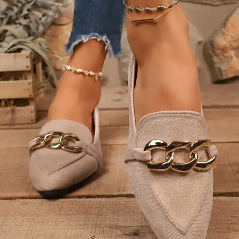 Women's Gold Chain Decorated Slip-On Flats, Casual Fashionable Flats, Large Size Pointed Toe Casual, Comfortable Work & Outdoor Walking Sneakers