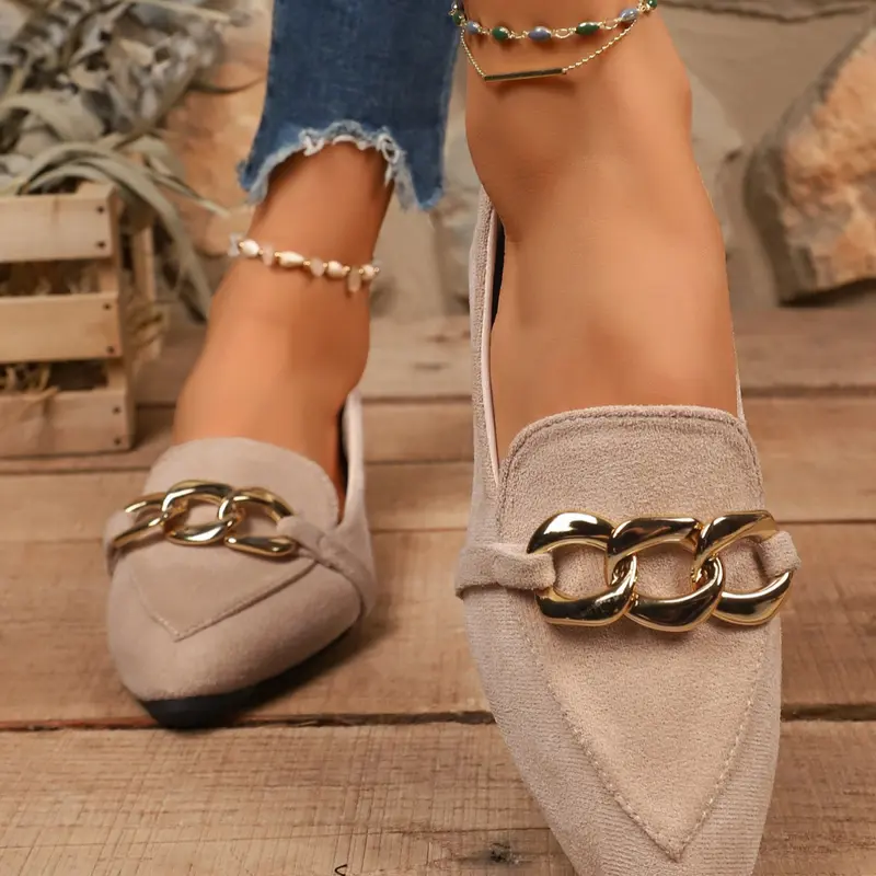 Women's Gold Chain Decorated Slip-On Flats, Casual Fashionable Flats, Large Size Pointed Toe Casual, Comfortable Work & Outdoor Walking Sneakers
