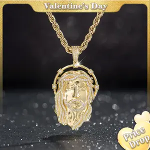 Holylegend 14k Real Gold-Plated Mens Jesus Pendant Necklace, Iced Out Jesus Head with Halo, CZ Diamond Hair & Fully Paved Bail, Hip Hop Religious Jewelry, Gift for Fashion Lovers