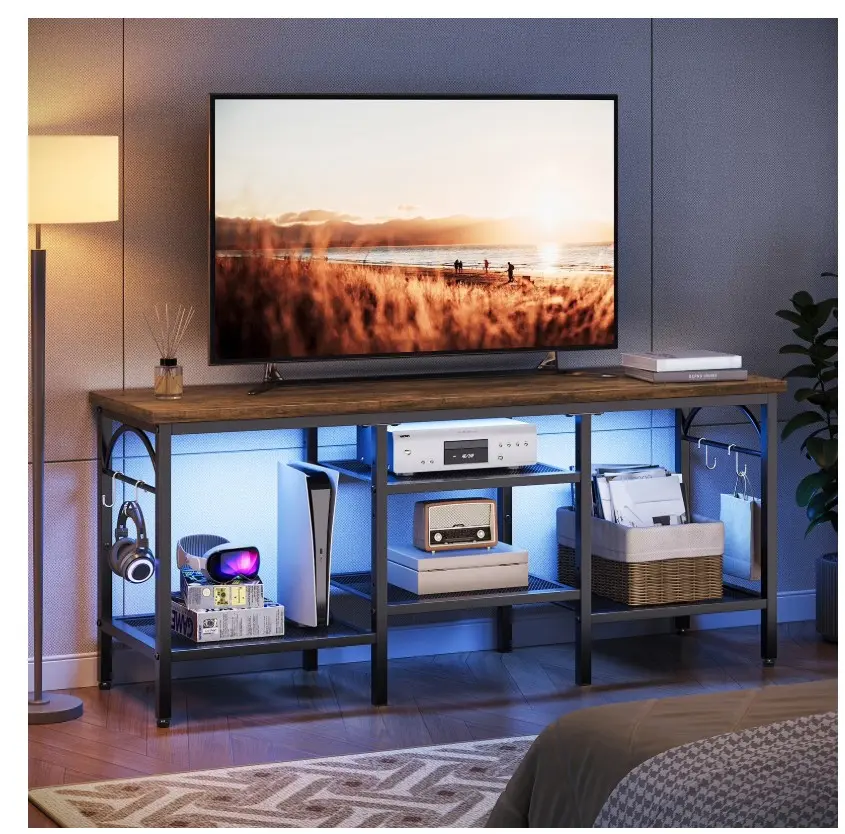 TV Stand for TVs up to 55 Inch, LED Light Entertainment Center with Open Storage Shelves, TV Media Console Table for Living Room, Bedroom, Rustic