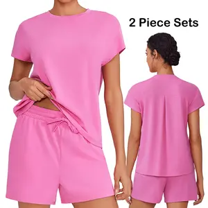 PINSPARK 2 Piece Sets for Women Summer Crewneck Matching Shorts Lounge Set with Pockets Casual Travel Outfits 2025 Trendy