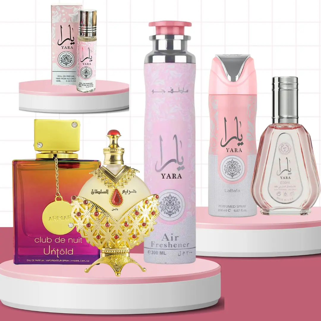 Lattafa Fragrance Multi-Pack Gift Set - Hareem Al Sultan Gold Oil, Floral Perfumes, Roll-On, Deodorant Spray, Air Freshener, Juicy Gender-Neutral Modern Concentrated Fragrance Sets, Sprays