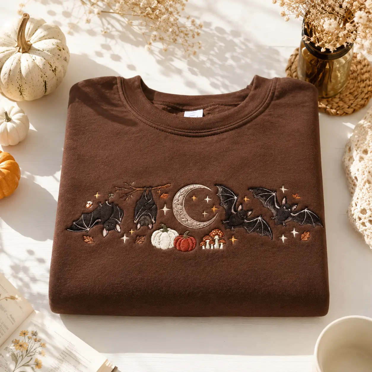 Embroidered Bats And Pumpkins Sweatshirt,  Fall Cosy Sweater, Halloween Gifts, Halloween Embroidered Sweatshirt, Spooky Autumn Jumpers
