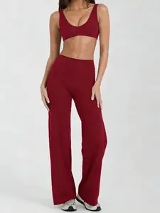 Women's Slim Fit 2 Piece Yoga Set, High Waist Wide Leg Pants & Sports Bra with v Neckline, Casual Sporty Gym Wear, Perfect for Daily Use, All Seasons, Athleisure Wear Set, Gym Yoga Outfit