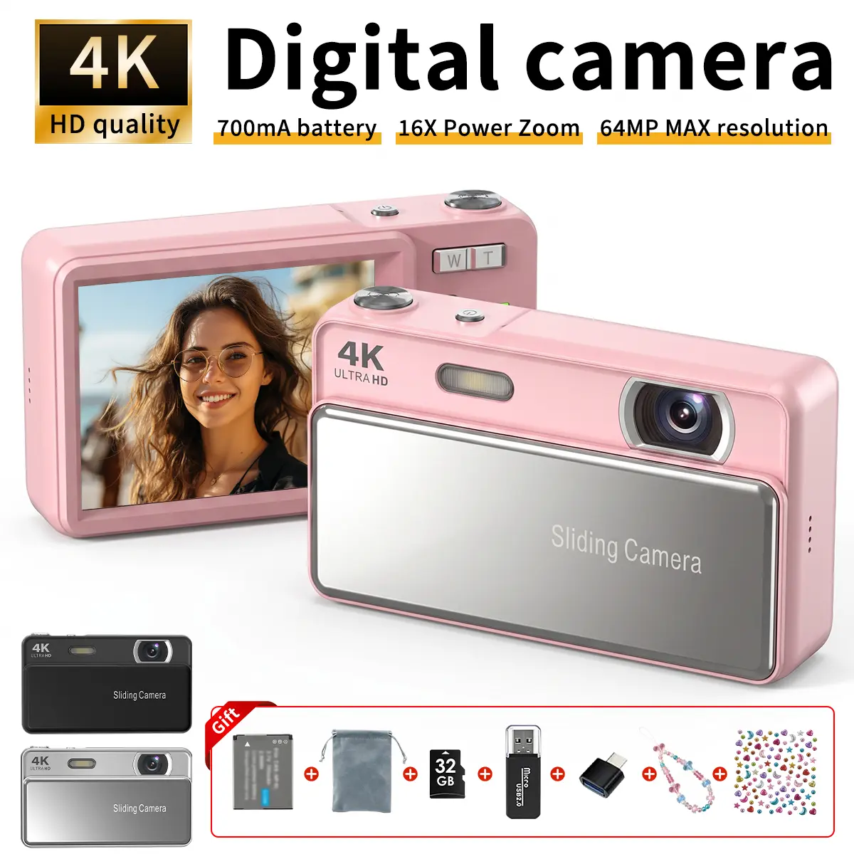 CCD Camera Gift Set — New Slide Cover Digital Camera, High Definition, 32GB SD Card, Card Reader, Adapter Included, Bonus Crystal Sticker and Bracelet, Perfect for Birthday / Christmas / Graduation sohochic