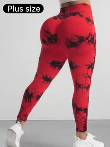 Plus Size Tie Dye Print Ruched High Waist Sports Leggings, Plus Casual Comfy Breathable High Stretch Yoga Leggings, Women's Plus Sport & Outdoor Clothing for All Seasons, Athletic Leggings, Shaping Leggings
