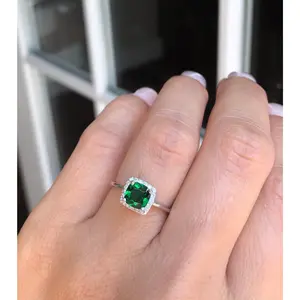 Square Halo Green Emerald Ring